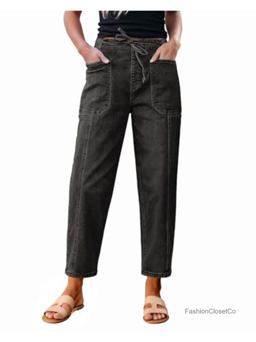 High Waisted Baggy Barrel Jeans with Drawstring Stretch Denim